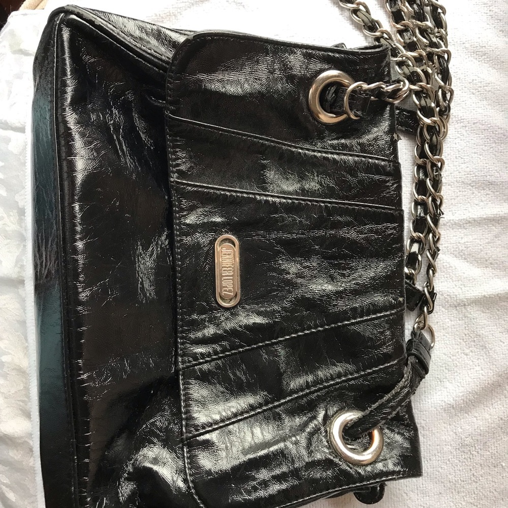 Black Patent bag w silver chain handles